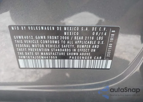 2014 Volkswagen Jetta 2.0L S из США, поврежденный, VIN 3VW1K7AJ3EM441959